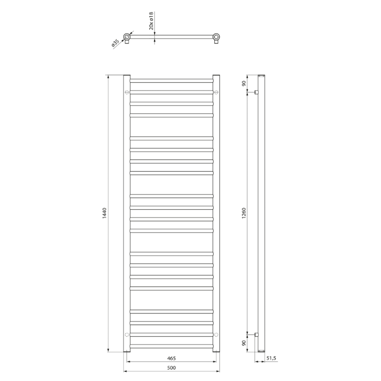 DINA Grzejnik łazienkowy czarny mat 500x1440 512 W mm IR369B wymiary