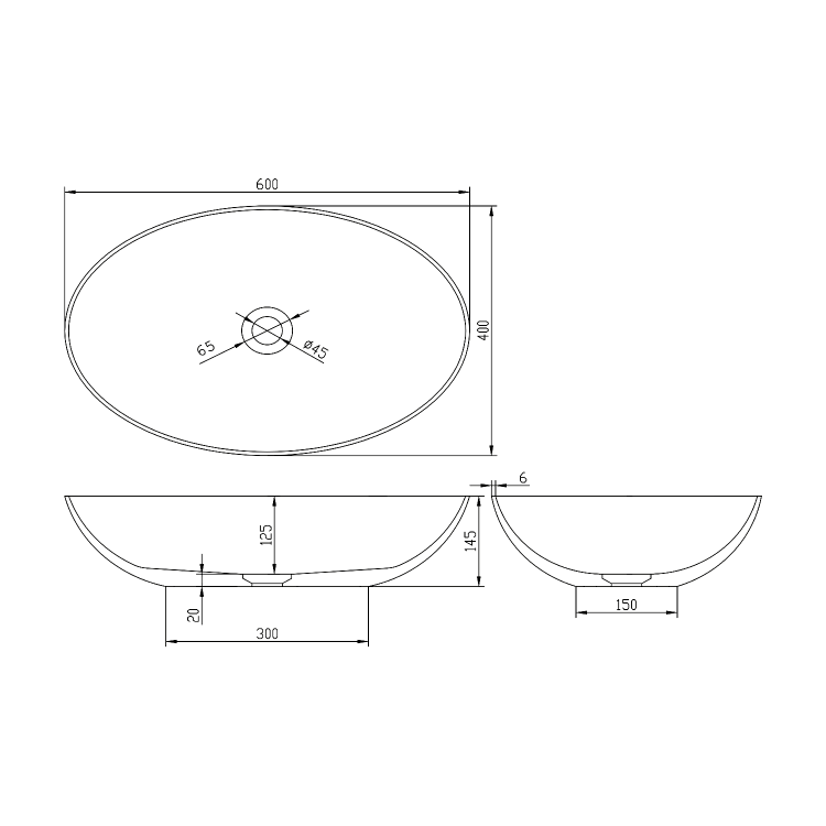 BANERA OVAL umywalka kompozytowa nablatowa, 60x40cm, biały 14397 wymiary