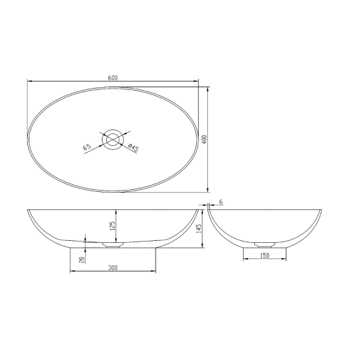 BANERA OVAL umywalka kompozytowa nablatowa, 60x40cm, antracyt mat 14397.51 wymiary