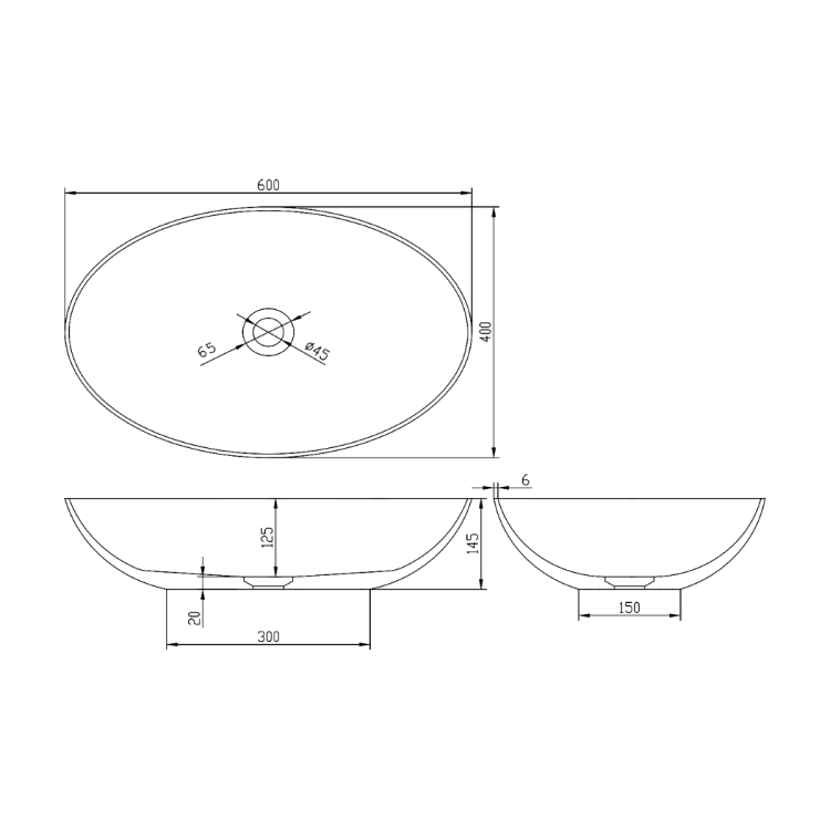 BANERA OVAL umywalka kompozytowa nablatowa, 60x40cm, antracyt mat 14397.51 wymiary