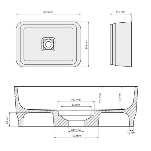 BANERA SQUARE umywalka kompozytowa nablatowa, 50x36 cm, biały mat 14596MAT wymiary