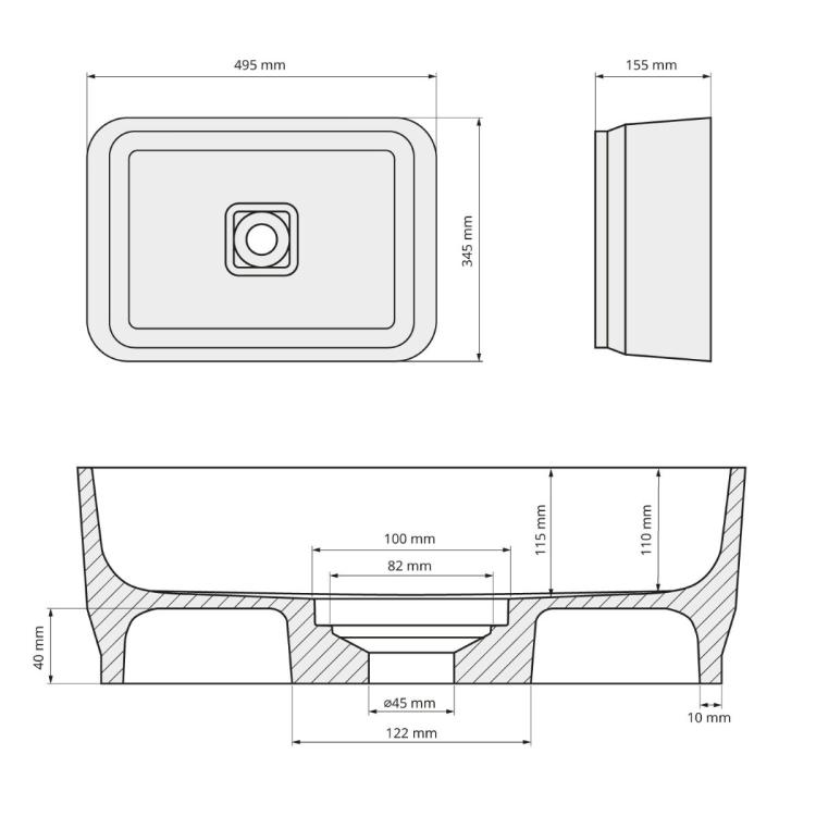 BANERA SQUARE umywalka kompozytowa nablatowa, 50x36 cm, biały/beż mat 14596.82 wymiary
