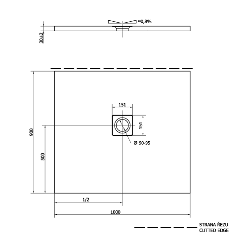 FLEXIA brodzik kompozytowy z możliwością docinania antracyt mat 100x90x3cm 72925.51 - wymiarowanie