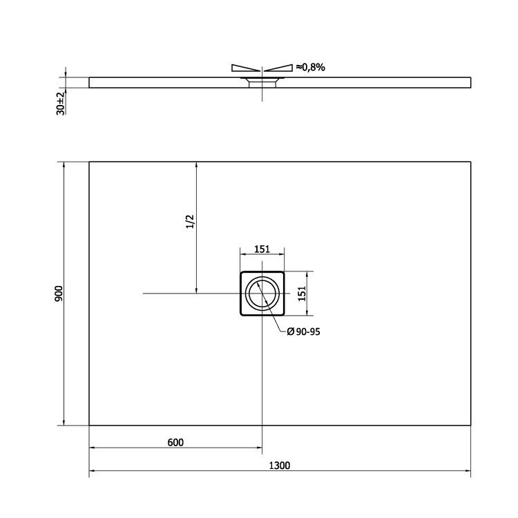 FLEXIA brodzik kompozytowy z możliwością docinania antracyt mat 130x90x3cm 72896.51 - wymiarowanie