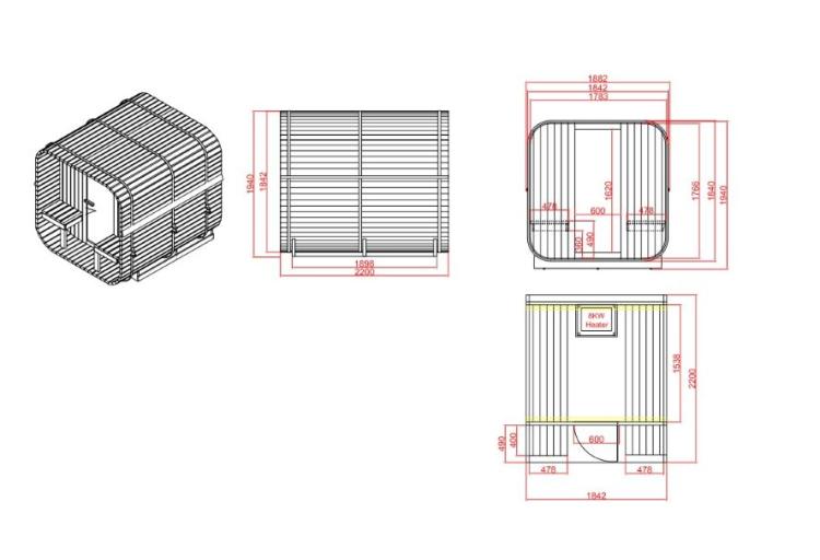 GÖTEBORG Sauna zewnętrzna ogrodowa 4 osobowa sucha Fińska świerk  F60220 rysunek
