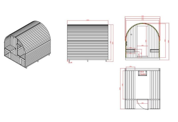 ISLAND XL Sauna zewnętrzna ogrodowa 4 osobowa sucha Fińska świerk F90220 rysunek