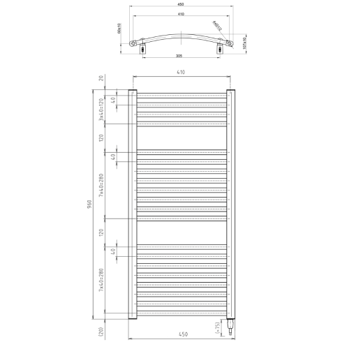 ORBIT-E grzejnik elektryczny 450x960 mm, 300 W, biały ILEO94T wymiary