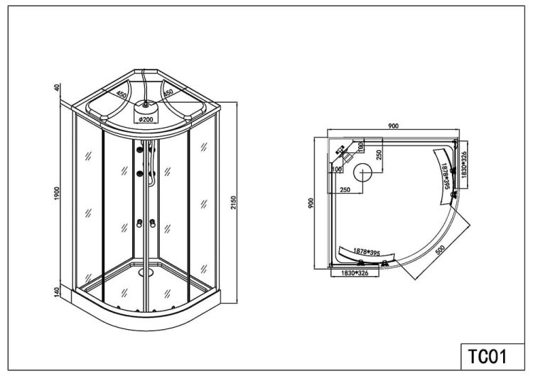 Kabina prysznicowa RELAX  czterościenna wolnostojąca narożna półokrągła kompletna z hydromasażem 90x90x215 cm SANOTECHNIK TC01 wymiary