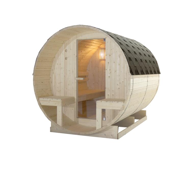 BERGEN Sauna zewnętrzna ogrodowa 4-osobowa sucha Fińska w kształcie beczki świerk z siedziskami zewnętrznymi F70220 wymiary
