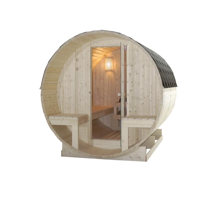 BERGEN Sauna zewnętrzna ogrodowa 4-osobowa sucha Fińska w kształcie beczki świerk z siedziskami zewnętrznymi F70220 wymiary