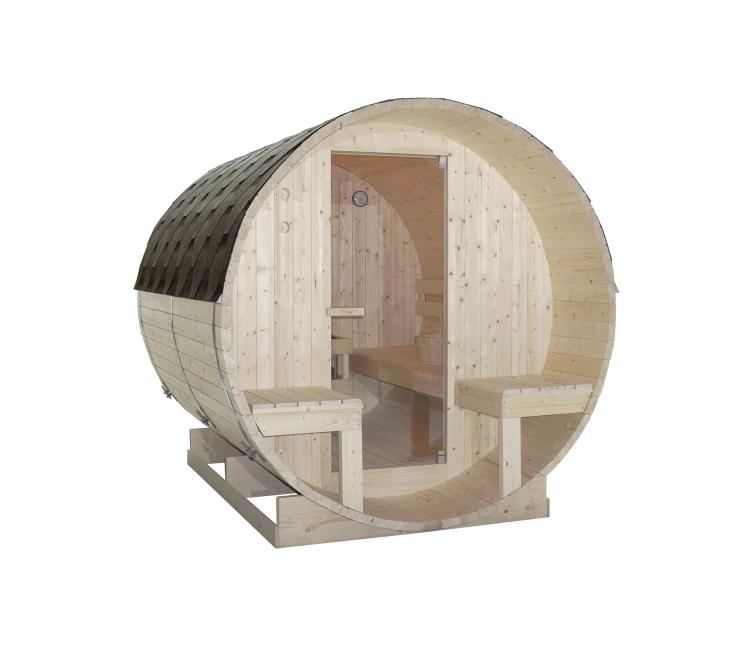 BERGEN Sauna zewnętrzna ogrodowa 4-osobowa sucha Fińska w kształcie beczki świerk z siedziskami zewnętrznymi F70220 wymiary