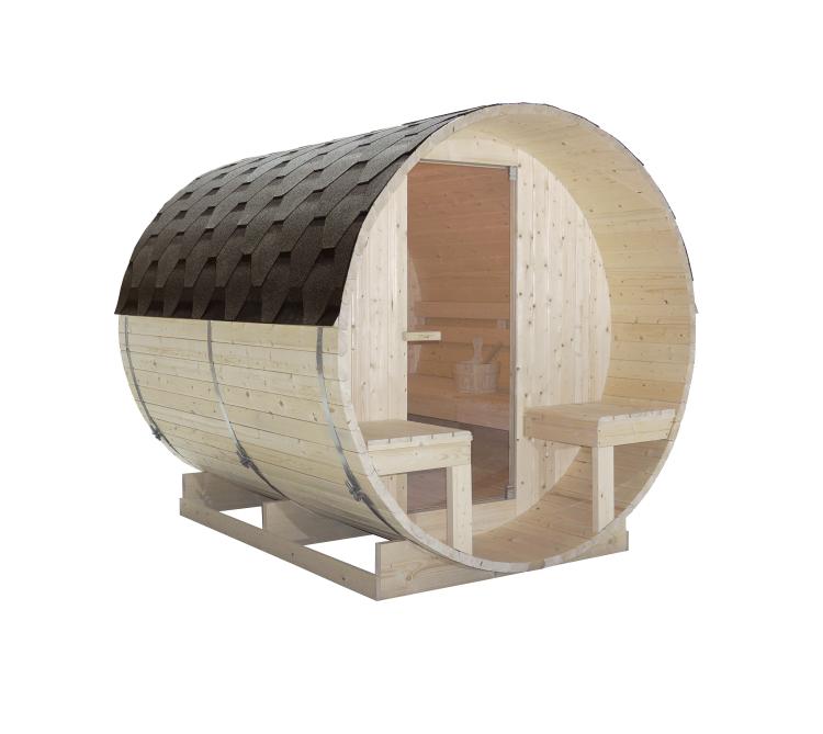 BERGEN Sauna zewnętrzna ogrodowa 4-osobowa sucha Fińska w kształcie beczki świerk z siedziskami zewnętrznymi F70220 wymiary