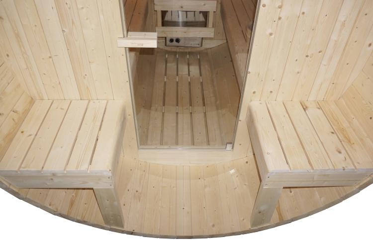 BERGEN Sauna zewnętrzna ogrodowa 4-osobowa sucha Fińska w kształcie beczki świerk z siedziskami zewnętrznymi F70220 wymiary