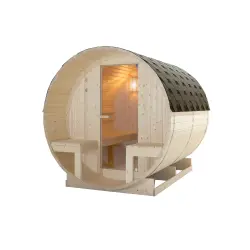 BERGEN Sauna zewnętrzna ogrodowa 4-osobowa sucha Fińska w kształcie beczki świerk z siedziskami zewnętrznymi F70220