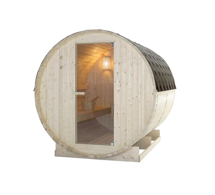 TROMSÖ XL Sauna zewnętrzna ogrodowa 6 osobowa sucha Fińska w kształcie beczki świerk F50220 bok