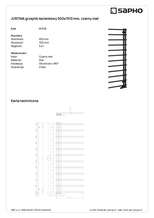 JUSTINA grzejnik łazienkowy 500x1510 mm, 410W, czarny mat IR151B wymiary