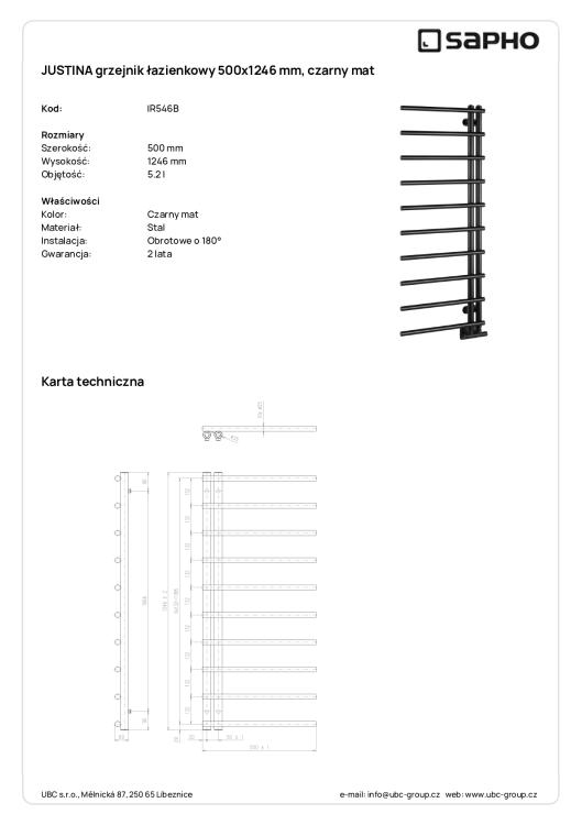 JUSTINA grzejnik łazienkowy 500x1246 mm, 340W, czarny mat IR546B wymiary