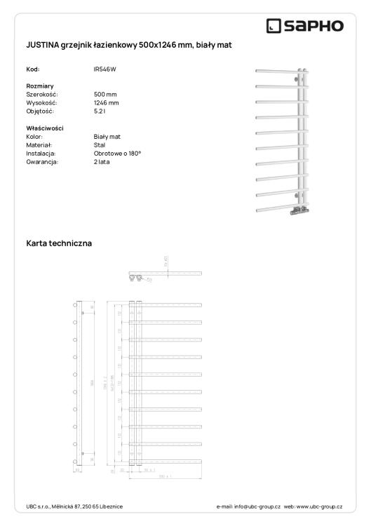 JUSTINA grzejnik łazienkowy 500x1246 mm, 340W, biały mat IR546W wymiary