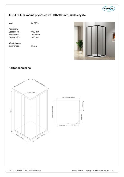 AGGA BLACK Kabina prysznicowa narożna kwadratowa 90x90x185 cm, profil czarny mat, szkło czyste BLF909  wymiary