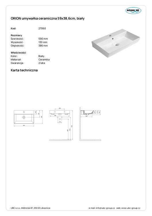 ORION umywalka ceramiczna 59x38,5 cm, biały 27060 wymiary