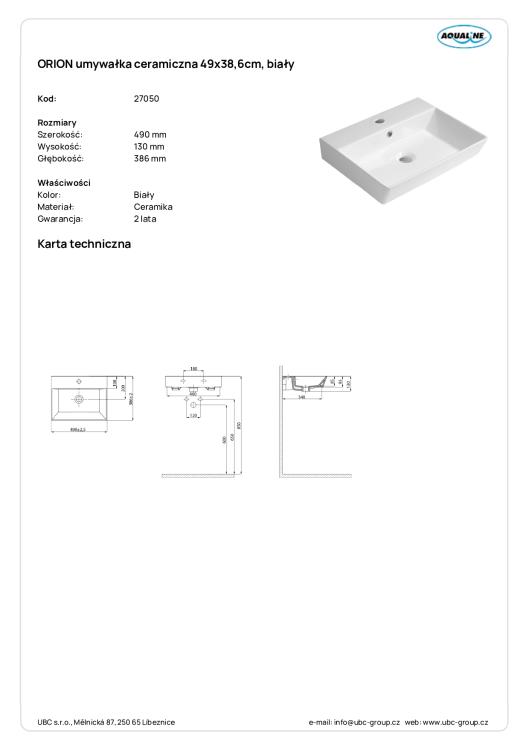 ORION umywalka ceramiczna 49x38,5 cm, biały 27050 wymiary