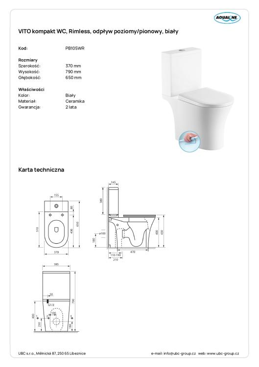 VITO kompakt WC, Rimless, odpływ poziomy/pionowy, biały PB105WR wymiary