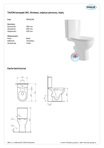 TAVON kompakt WC, Rimless, odpływ pionowy, biały PB106WR wymiary