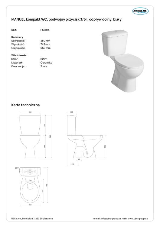 MANUEL kompakt WC, podwójny przycisk 3/6 l, odpływ dolny, biały PS8814 wymiary