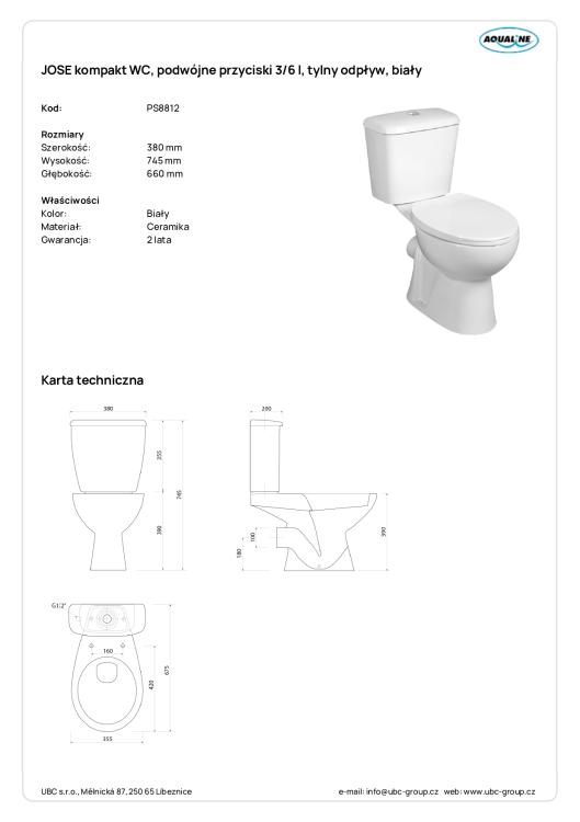 JOSE kompakt WC, podwójne przyciski 3/6 l, tylny odpływ, biały PS8812  wymiary