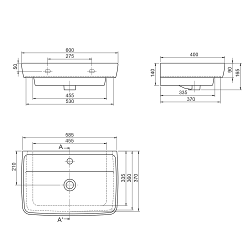 DURU umywalka ceramiczna 60x40 cm, biały TU0351 rysunek
