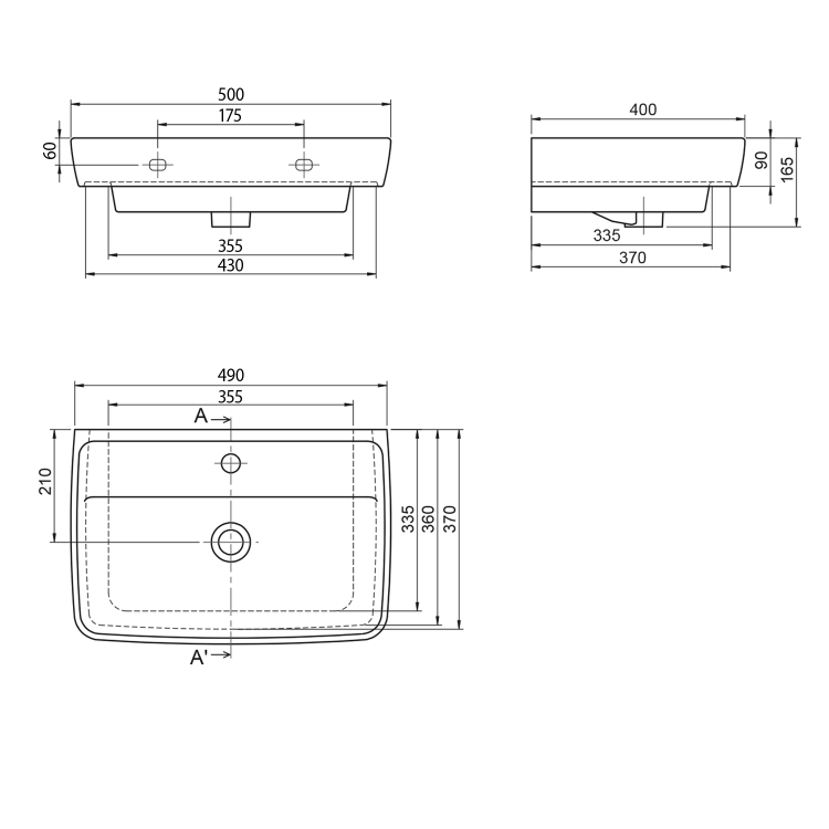 DURU umywalka ceramiczna 50x40 cm, biały TU0350 wymiary