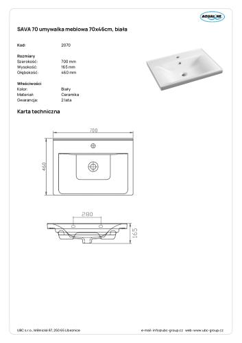 SAVA 70 umywalka meblowa 70x46 cm, biały 2070 wymiary