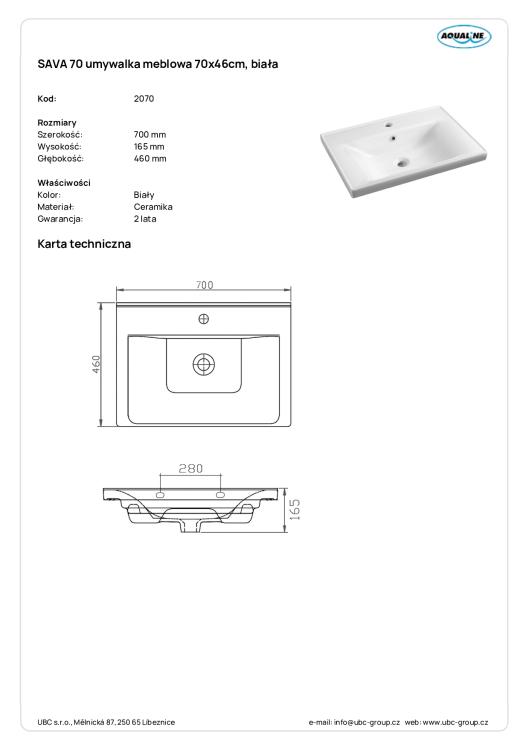 SAVA 70 umywalka meblowa 70x46 cm, biały 2070 wymiary