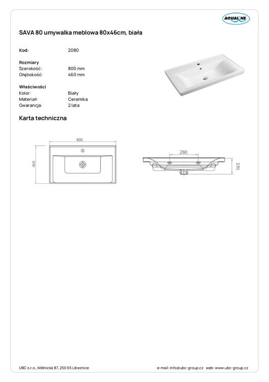 SAVA 80 umywalka meblowa 80x46 cm, biały 2080 wymiary