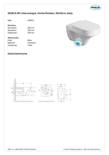 DENICA WC misa wisząca, Vortex Rimless, 36x52 cm, biały PS8512 wymiary