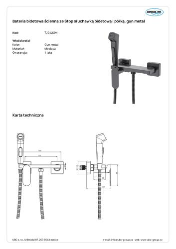 Bateria bidetowa ścienna ze Stop słuchawką bidetową i półką, gun metal TJ042GM wymiary