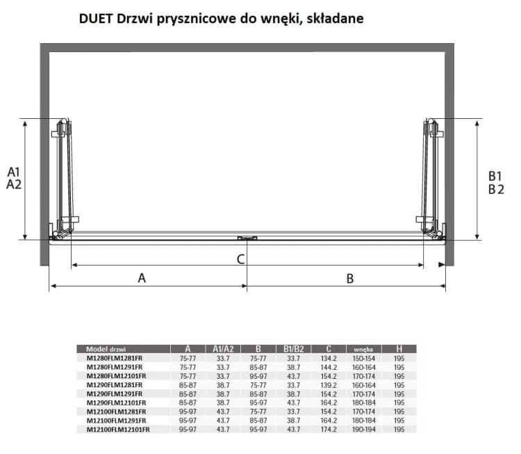 DUET Drzwi prysznicowe do wnęki składane 180x195 cm M12100FLM1291FR wymiary