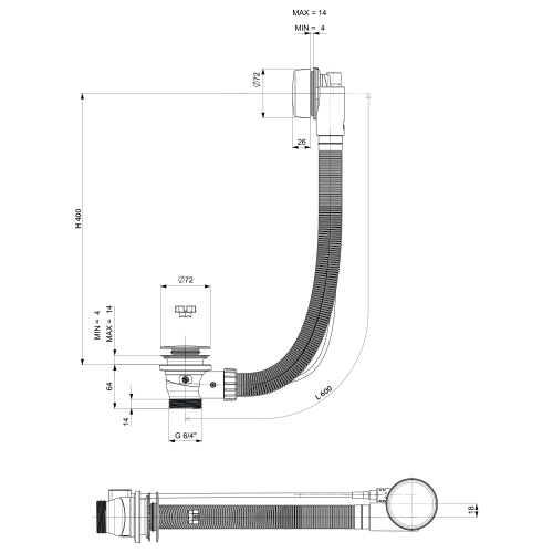 Syfon automatyczny z korkiem do wanny długość 600 mm, korek 72 mm, złoty mat 71850.91 wymiary