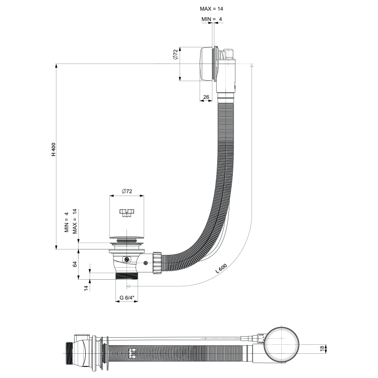 Syfon automatyczny z korkiem do wanny długość 600 mm, korek 72 mm, gun metal 71850.60 wymiary