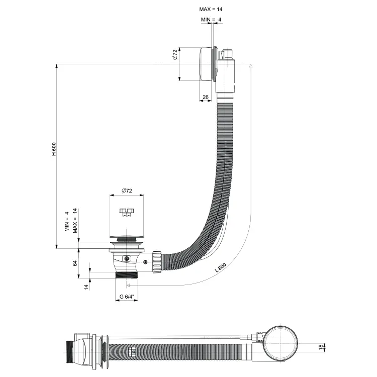 Syfon automatyczny z korkiem do wanny długość 800 mm, korek 72 mm, złoty mat 71852.91  wymiary
