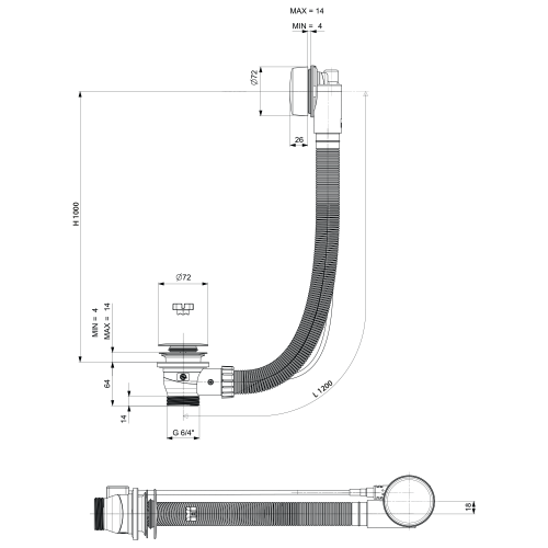 Syfon automatyczny z korkiem do wanny długość 1200 mm, korek 72 mm, złoty mat 71856.91  wymiary