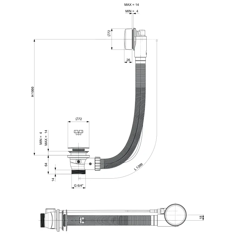 Syfon automatyczny z korkiem do wanny długość 1200 mm, korek 72 mm, miedź mat 71856.70 wymiary