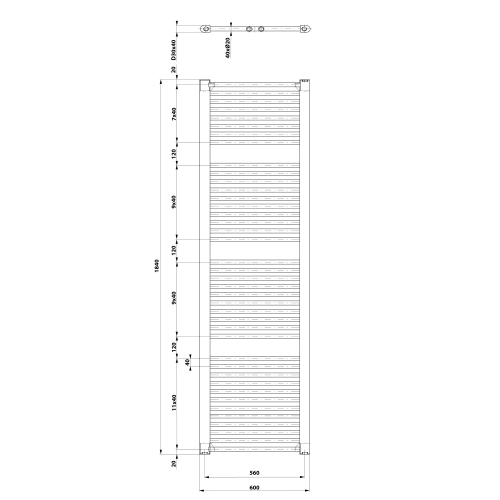 DIRECT Grzejnik łazienkowy 600x1850 mm, 1148 W, biały ILR86T rysunek techniczny