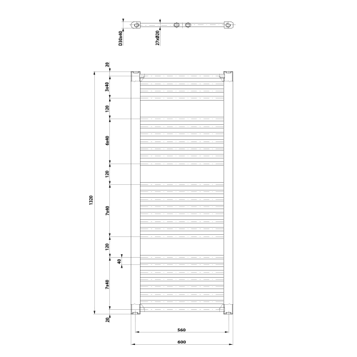 DIRECT Grzejnik łazienkowy 600x1320 mm, 795 W, biały ILR36T rysunek techniczny