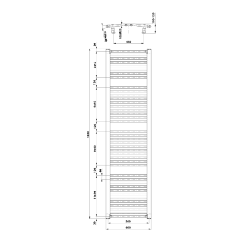 ORBIT Grzejnik łazienkowy owalny biały 1148 W 600x1850 mm ILO86T rysunek techniczny
