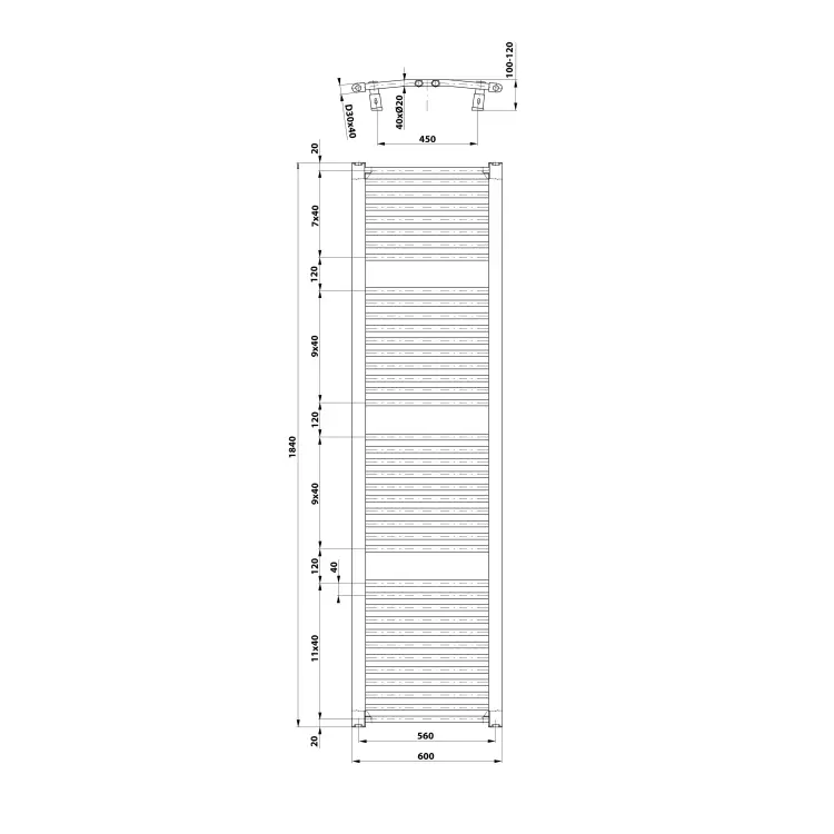 ORBIT Grzejnik łazienkowy owalny biały 1148 W 600x1850 mm ILO86T rysunek techniczny