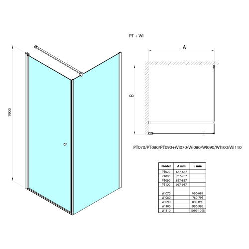 PILOT kabina prysznicowa prostokątna 900x700x1900 mm szkło brick PT090WI070  wymiary