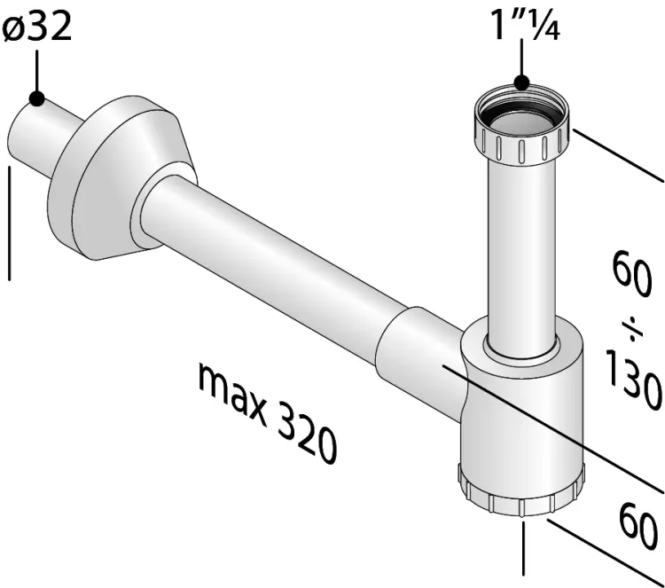 CRONO Syfon umywalkowy 5/4", DN32, biały 151.108.0 wymiary