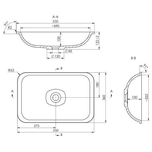 JAPURA umywalka kompozytowa 55x36cm, czarny mat, wpuszczana w blat 50135B wymiary