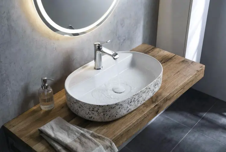 INFINITY OVAL umywalka ceramiczna nablatowa, 60x40 cm, terrazzo 10NF65060-2L-TRZ aranżacja